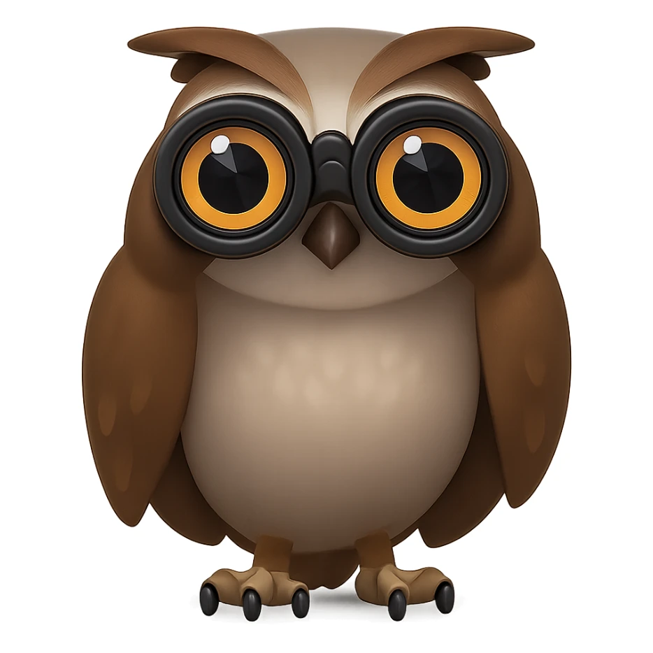 Сова смотрит в прямо на зрителя в бинокль, прозрачный фон sticker
