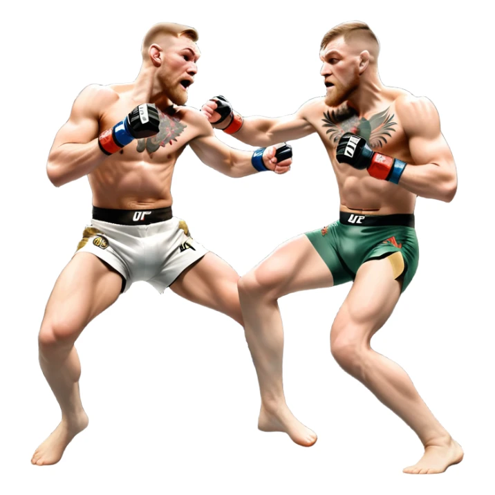 An MMA showdown between Conor McGregor and Anderson Silva in the octagon. McGregor is executing a powerful jumping strike, while Silva is expertly blocking the attack with his forearm. The background features the UFC octagon, fans in the distance, and dynamic action. Transparent background sticker