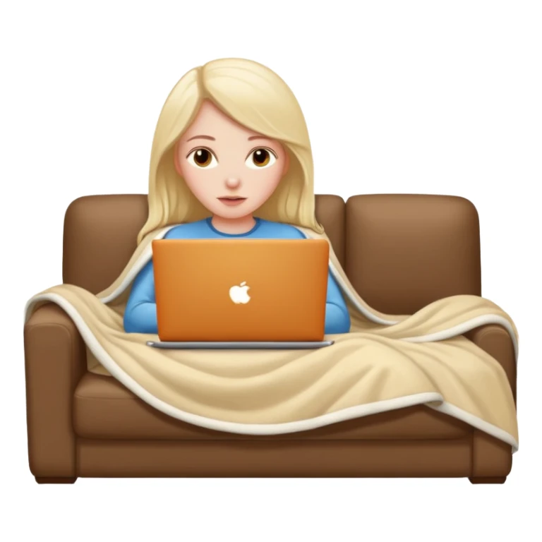 A white girl lies on a sofa under a blanket with a laptop sticker
