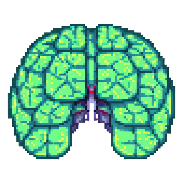 pixel art icon of a brain with digital static and a dizzy expression, representing brainrot from internet overload sticker