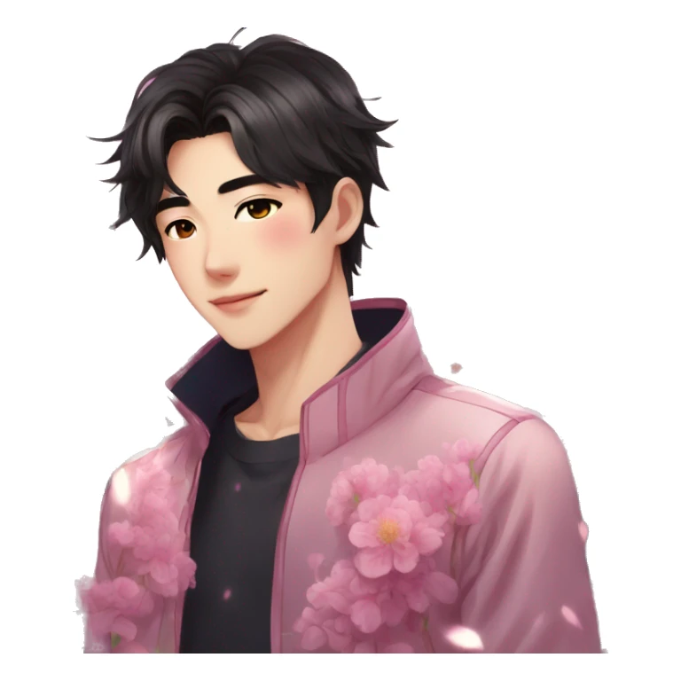 Gorgeous bright sparkly romantic Asian anime style guy with blushing face and flowers aesthetic trending style outside sticker