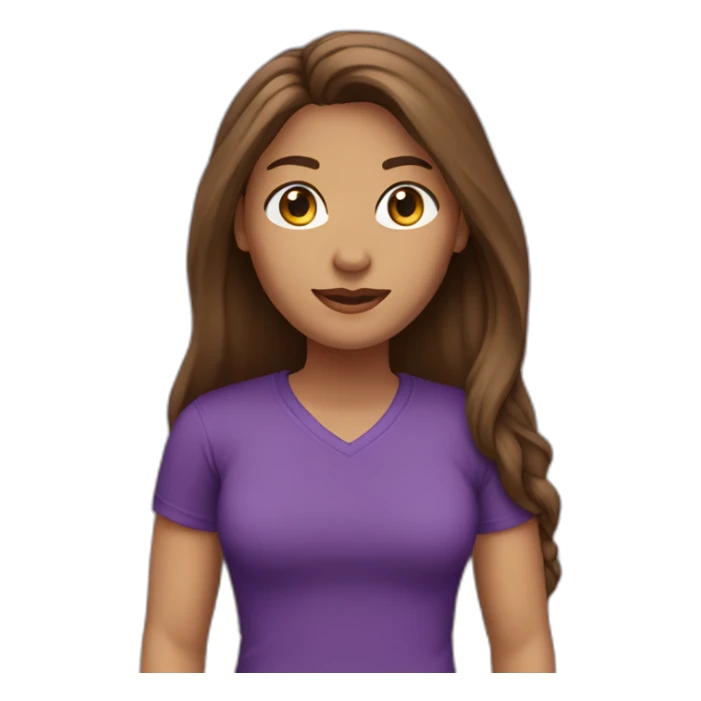 women,brown long hair,using purple tshirt, with a cartel hello sticker