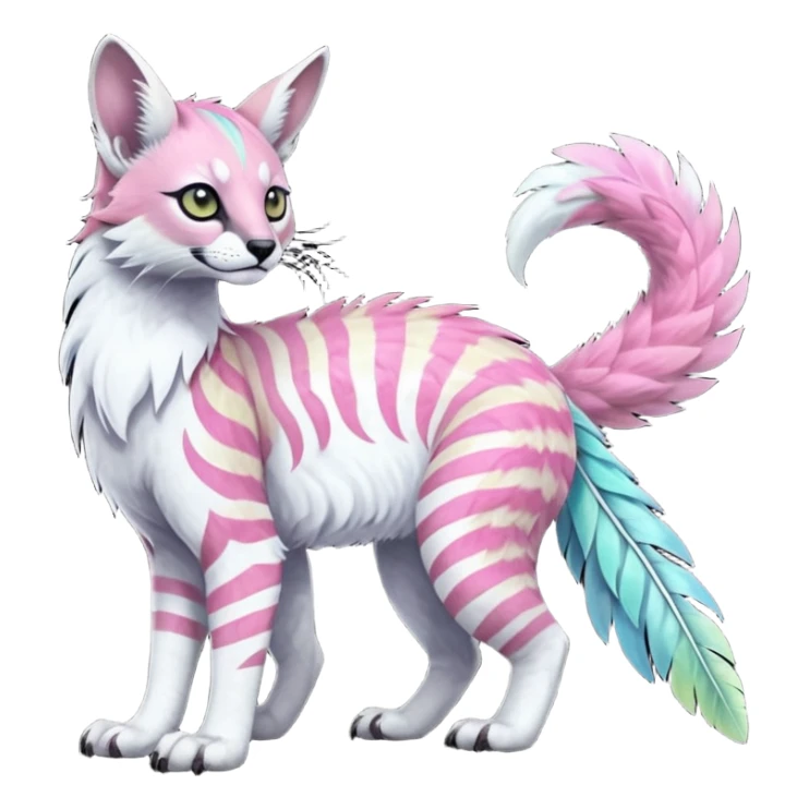 Colorful tropical feathery tribal pale light fruity pastel white glorious iridescent divine exotic cute albino neon vibrant zigzagged cool beautiful fantasy-caracal-civet-genet-sergal-vernid-Gryphon-Cacomistle-Trico-oncilla-animal-Fakémon-hybrid-fursona (full body), facial markings,  sticker