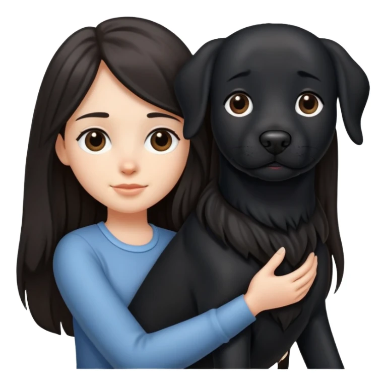 A long-haired girl holding a big black dog sticker