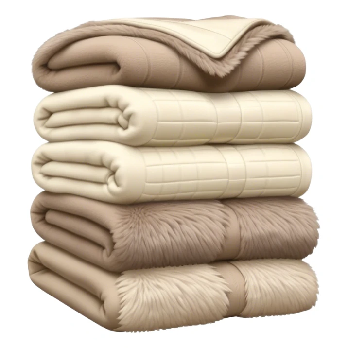 Stack of folded luxury blankets, cream-colored knit and taupe fur sticker