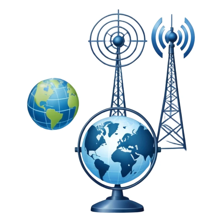 An icon featuring a satellite dish, cell tower with signal waves, and a globe connected by lines, symbolizing telecommunications. The design includes data signals, network nodes, and a mobile device, representing global digital communication. Transparent background sticker