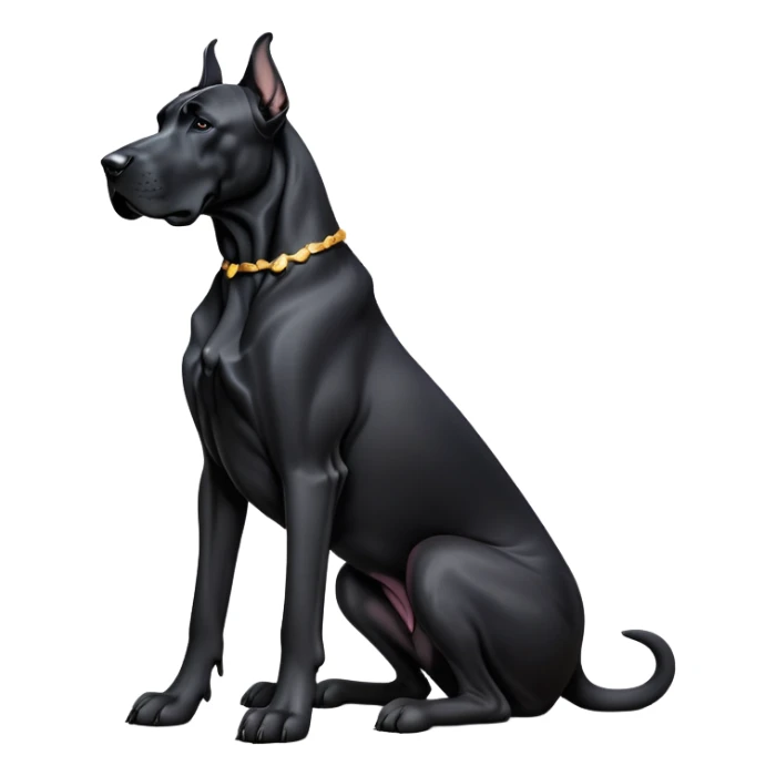cinematic-[black great dane]-realistic-full-body-sitting-emoji,-tail-resting-loosely-beside-its-paws,-head-tilted-dramatically, ears drooped, -sleek-[black]-fur,-simplified-yet-realistic-focused-features,-highly-detailed,-glowing-with-an-almost-sarcastic-glow sticker