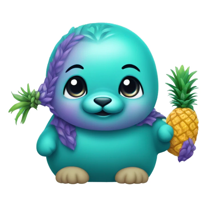 teal-colored seal holding a purple-colored pineapple sticker