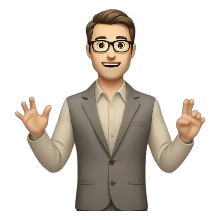 To belt Actively gesturing with hands Pale skinned fit man with dark brown hair in gray jacket, beige office shirt, brown tie, brown pants and vintage glasses. sticker