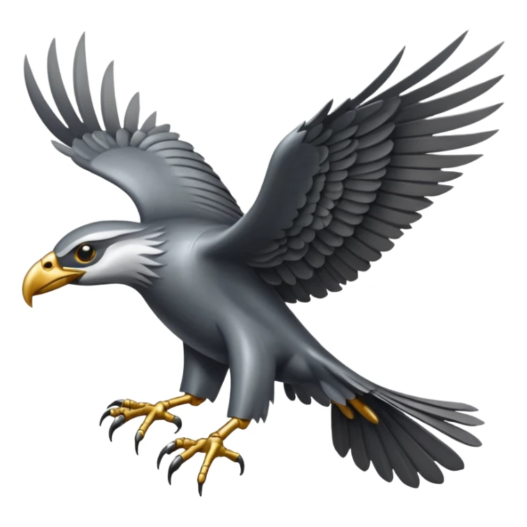 Emoji-style icon of a large metallic predatory bird flying, sharp wings, steel texture, dramatic pose, no gold sticker