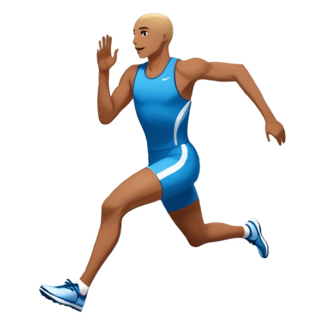 An icon symbolizing professional running: a dynamic sprinting athlete in motion on a track, leaving motion lines behind. The background features a large stadium with cheering crowds, a digital timer, and a clear blue sky. Transparent background emphasizes speed, endurance, and competition. sticker