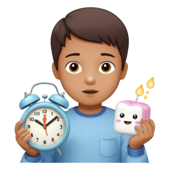 Emoji-style marshmallow test, child choosing between 1 marshmallow now and 2 later, clock above showing 15 minutes, cute lighting and pastel colors sticker