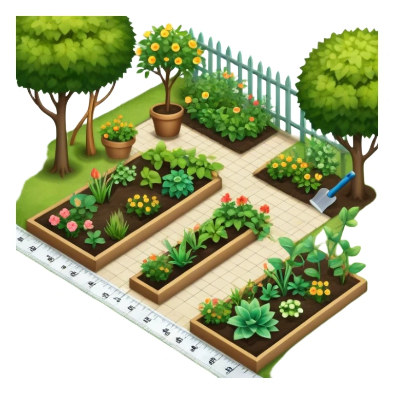 Icon for Landscape Design: a garden layout with plants, trees, paths, and design tools like a spade, pencil and measuring tape. The icon should represent creativity in outdoor space planning and gardening. Transparent background. sticker