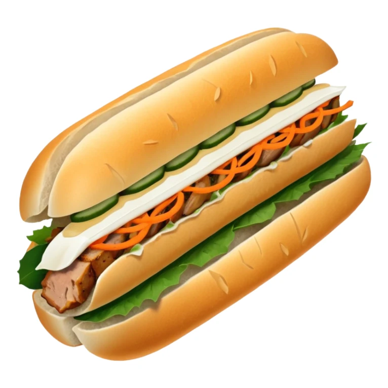 traditional banh mi with char grilled pork


    Very crusty baguette

    Mayo 

    Pickled carrot 

    Cucumber, coriander/cilantro, green onion, chilli 
 sticker