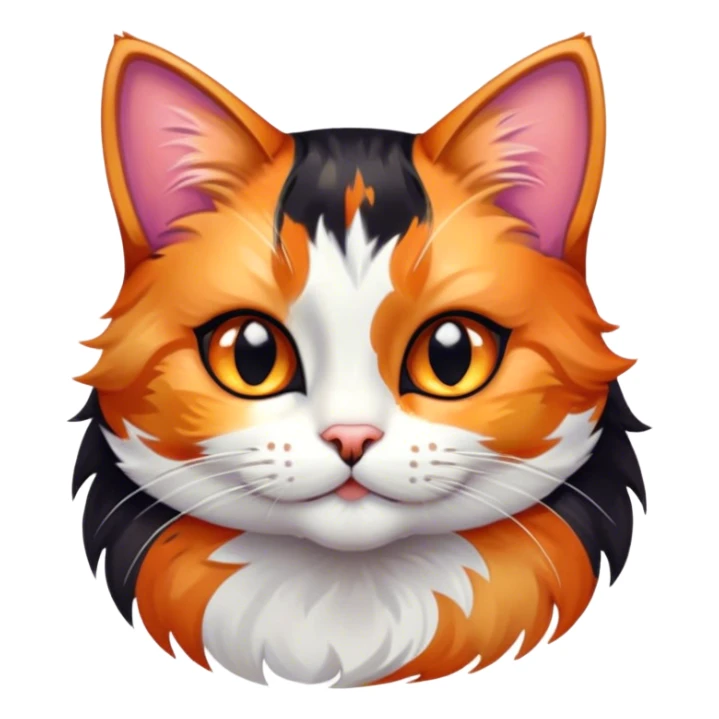 Cinematic Cute Calico Cat Portrait Emoji, Head tilted playfully with sparkling, inquisitive eyes and a charming patchwork fur of orange, black, and white, simplified yet irresistibly adorable, highly detailed, glowing with a warm, inviting glow, high shine, bubbly and affectionate, styled with a touch of whimsical feline charm, soft glowing outline, capturing the essence of a delightfully cute calico cat that looks as if it could prance off the screen into your heart! sticker
