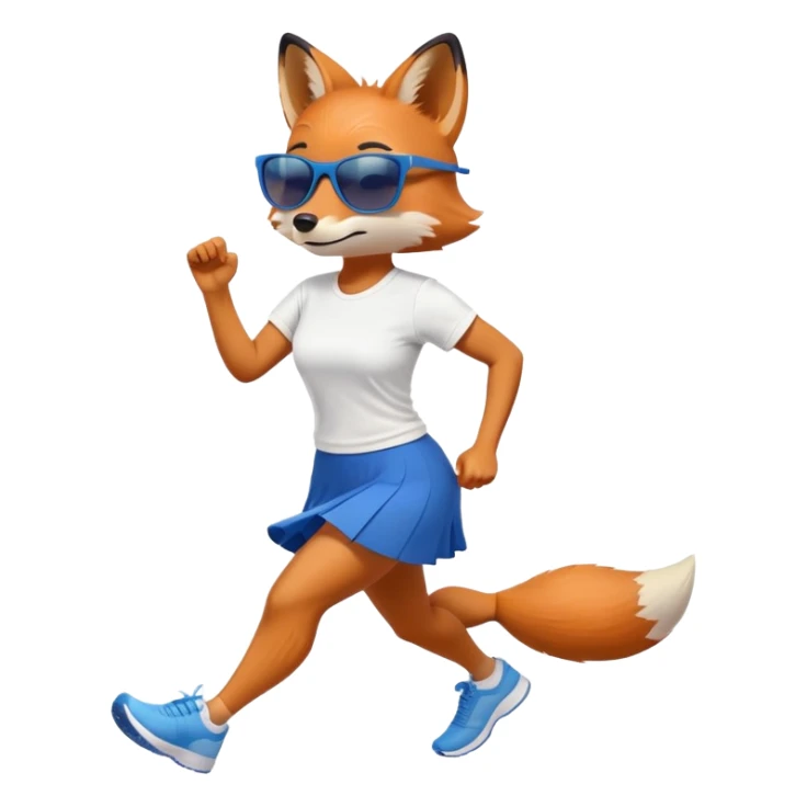friendly anthropomorphised female fox in skirt and t-shirt, wearing dark sunglasses, jogging upright in relaxed pose sticker