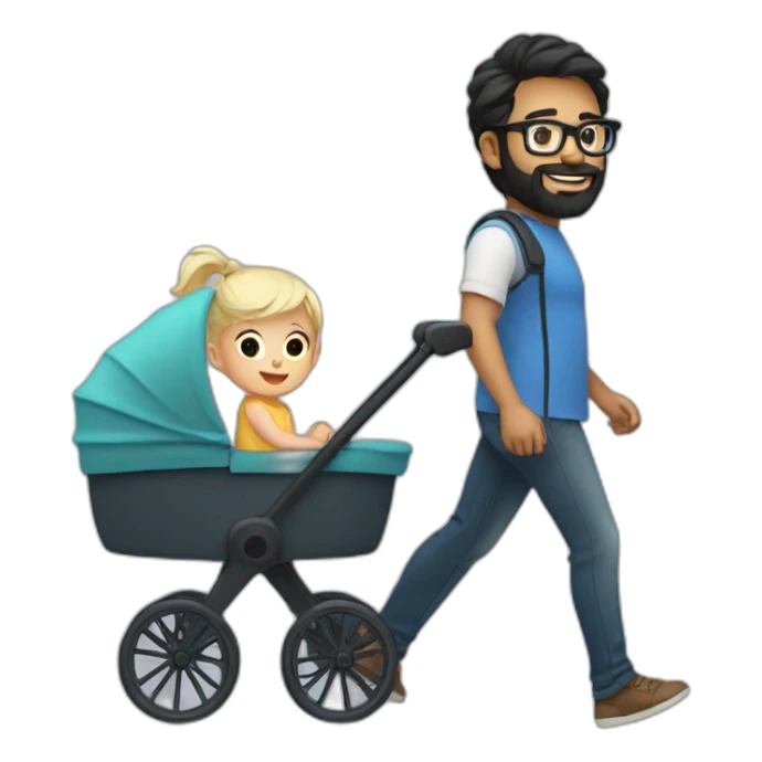 Black haired man with beard and glasses pushing buggy with blonde baby sticker
