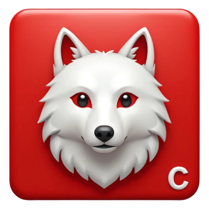 A bold white capital letter C with a small white wolf head icon above it, inside a red rounded square, emoji style, flat design, shiny light reflection, same style as 🅱️ emoji, transparent background. sticker