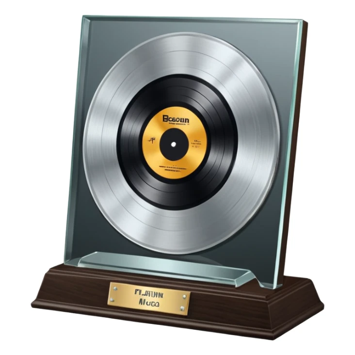 A platinum music award plaque: a square, polished platinum plate with a subtly textured, mirror-like finish, mounted on a simple dark wood base. The center features a relief of a or stylized vinyl record in a slightly darker metallic tone.  sticker