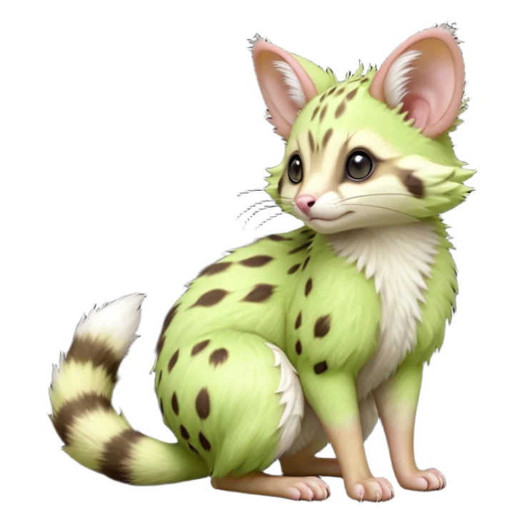 Light-neon-green, soft realistic romantic vintage antique divine beautiful elegant pretty precious cute young youthful  Fakémon-Pokémon-opossum-feline-mouse-serval-caracal-chinchilla-Minccino-Cinccino-Meowstic-rodent-hybrid-creature with a big fluffy bushy tail (full body) sticker