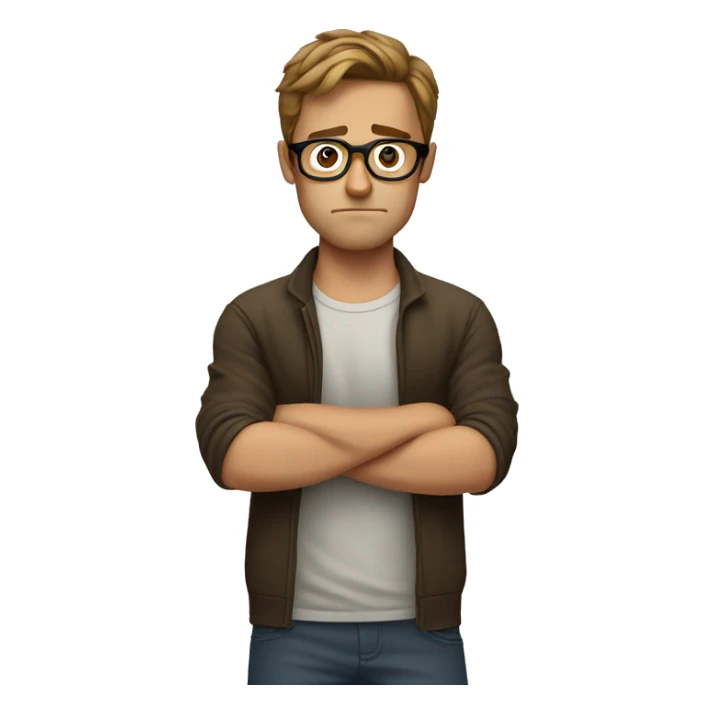 White guy, Arms folded, upset, brown hair, circular glasses sticker
