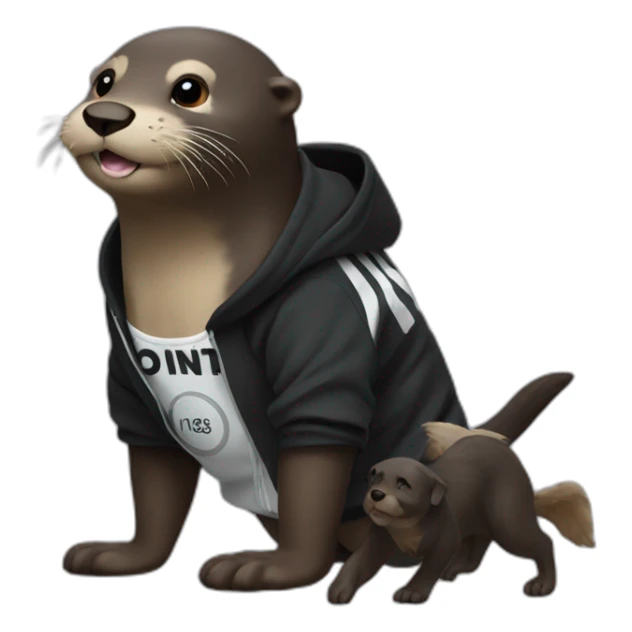otter in black adidas hoodie playing with a dog sticker