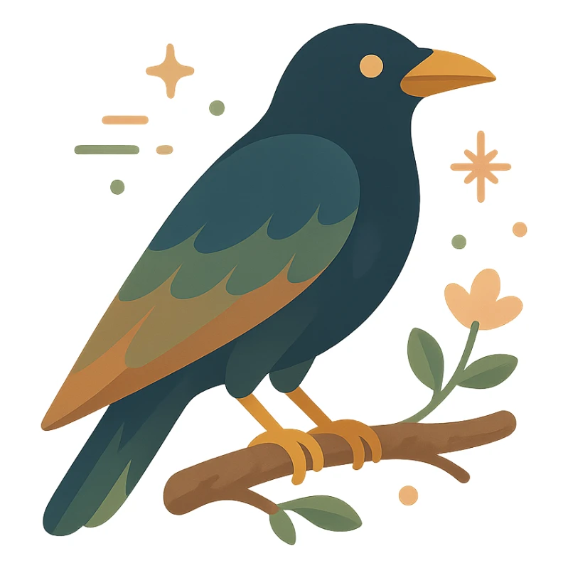A mysterious crow perched on a branch, surrounded by a soft, magical atmosphere. The crow’s feathers are deep, dark hues with hints of golden orange (FA9B41), forest green (4A7C5C), muted taupe brown (96775A), and pastel peach (FFCC9A) subtly blending into its plumage. The branch is weathered and textured, with small leaves in green and peach tones, and delicate flowers or tiny sparks floating around. The lighting is soft and ambient, casting a warm, mystical glow over the scene, creating a quiet yet enchanting atmosphere. The crow’s sharp eyes and poised posture add to the mysterious, slightly gothic vibe of the moment sticker