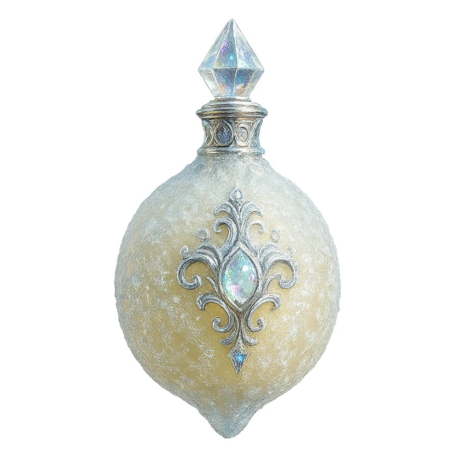 luxurious crystal elixir bottle in frozen lemon shape, frosty pale yellow color, icy and sparkling effects, ornate silver and iridescent details, magical glowing, very small neck, seamless bottom, bottle clearly floating in air, no base or shadow, modern, collection style, transparent background sticker