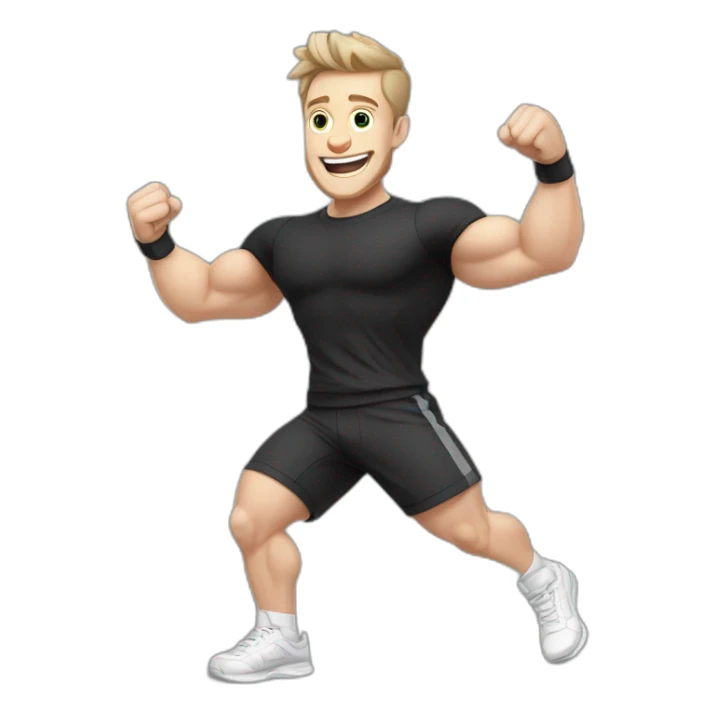 Joyful Celebrating victory Pale skinned Fit Man With the biceps and dark brown hair in black shirt, gray sports shorts and white Sneakers sticker