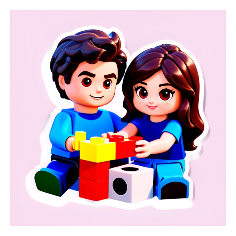 A handsome young man with dark hair, a little heavy sits with his girlfriend with cascading, dark brown hair, flowing down her face as they sit together playing Legos sticker