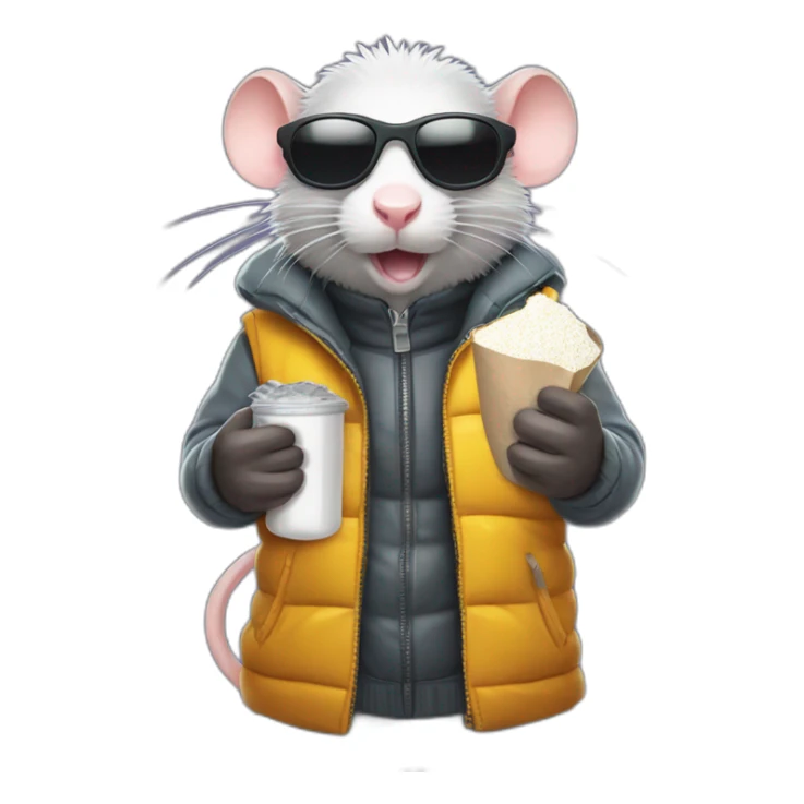 badass rat in bodywarmer wearing sunglasses holding a small half-filled plastic bag of powdered sugar sticker