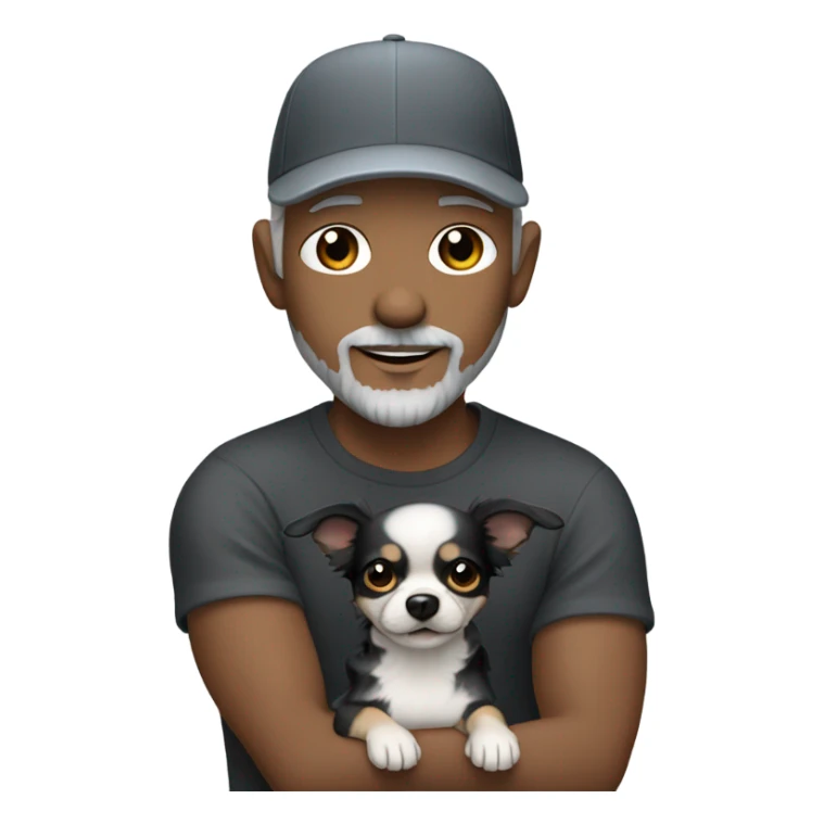 Handsome man with blue eyes wearing ball cap with grey hair and goatee beard holding all black long haired chihuahua sticker