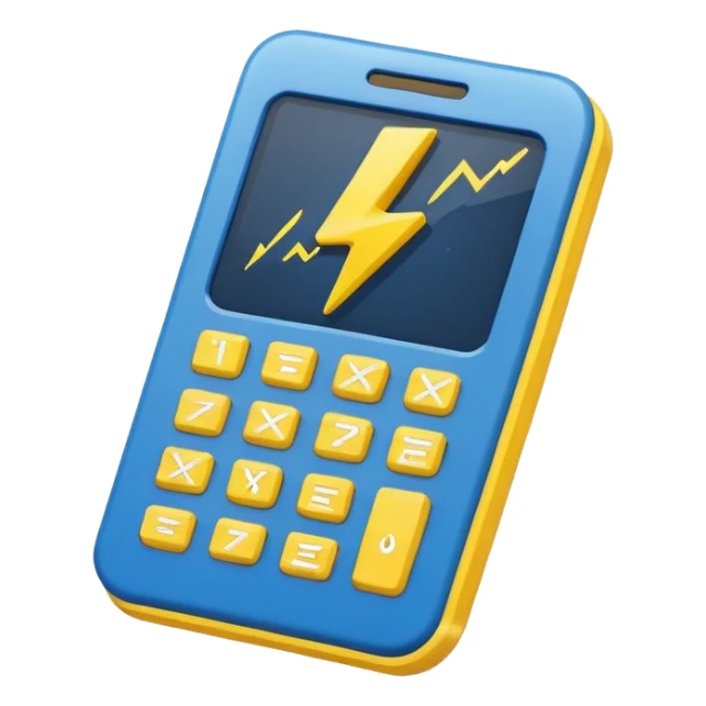 Create a simple emoji of an energy calculator: small calculator + lightning bolt icon. Flat design, bold outline, blue and yellow colors, clean, centered, emoji style. sticker