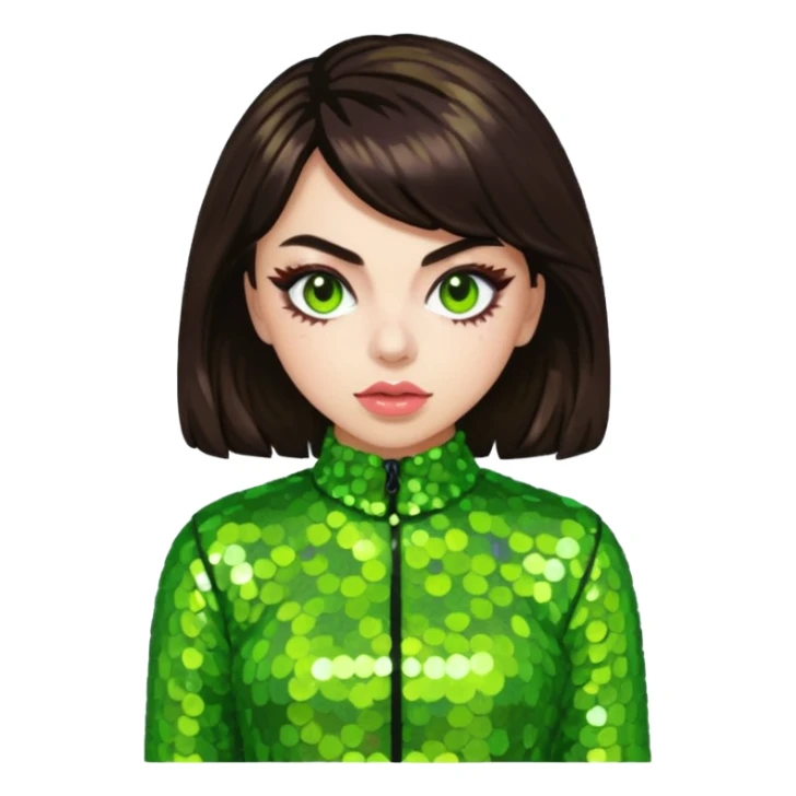 Charli XCX with dark brown hair, lime green sequin outfit sticker