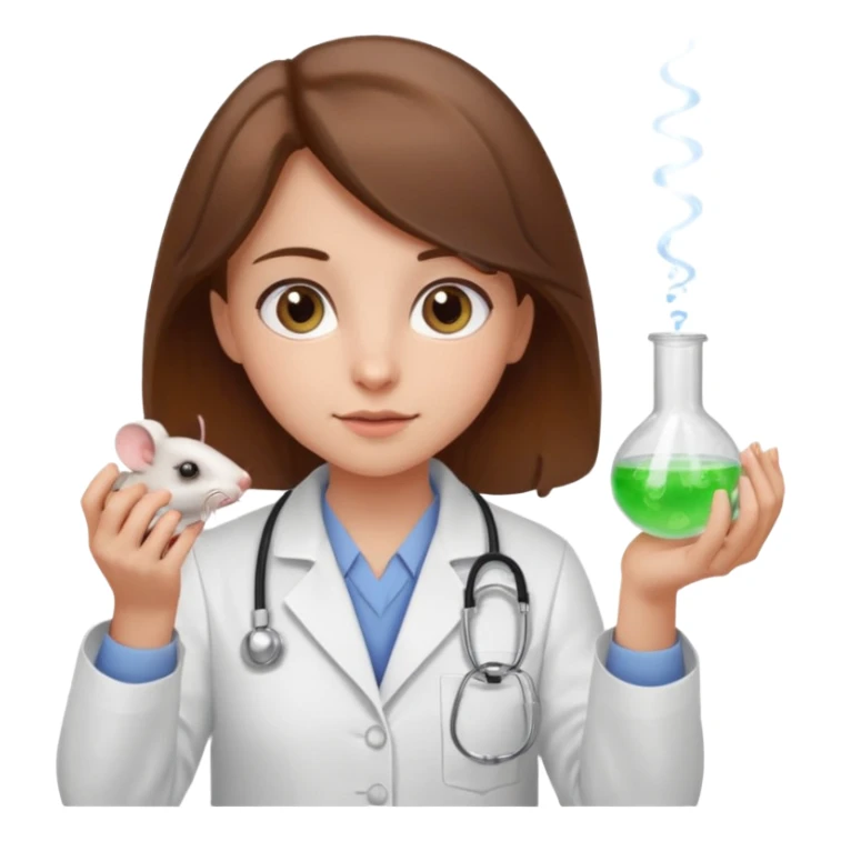 a cute brown haired girl with hazel eyes holding a white mice in hand doing experiment in lab sticker