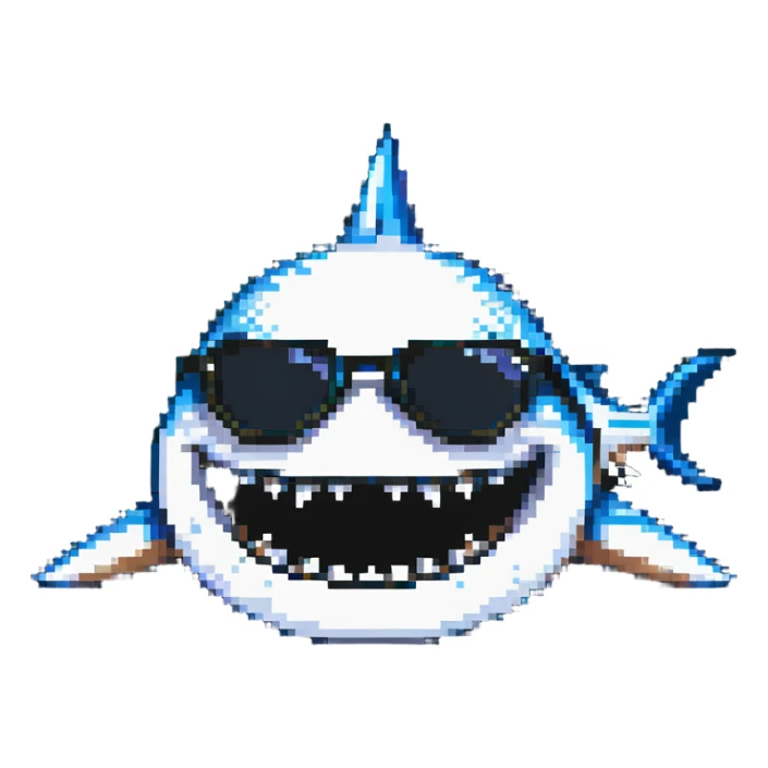 pixelated shark smiling with white teeth wearing dark sunglasses sticker
