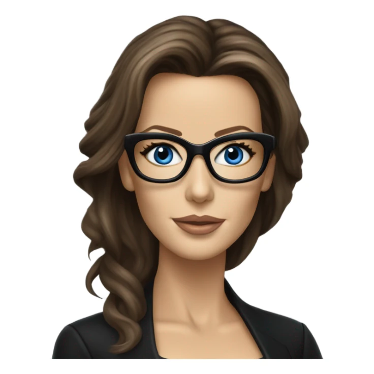 Hyper Realistic photo Kate Beckinsale blue eyes wearing glasses in a business meeting black dress sticker