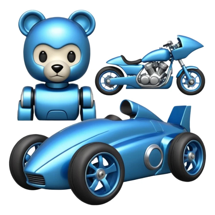  Metallic blue and lightly chrome-accented  kid-sized race car for scary robot teddy bear with custom aero body and rear wing and motorcycle wheels  sticker