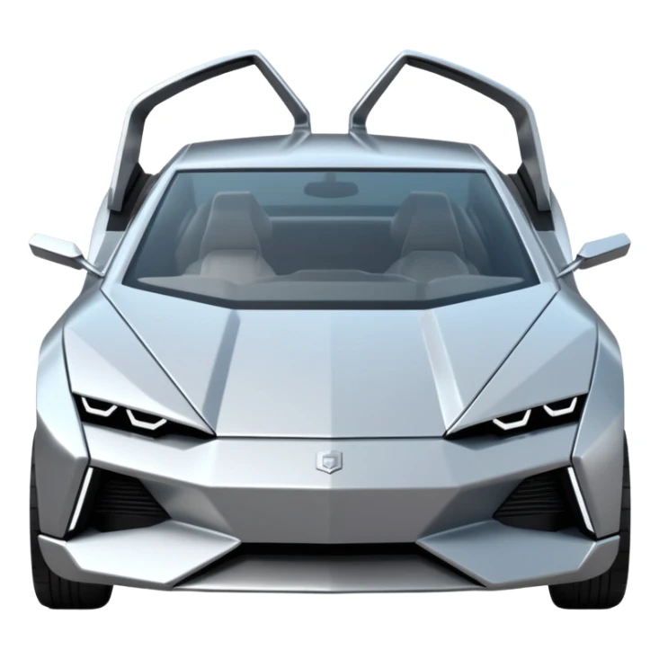 A futuristic chrome car emoji, sharp geometric body design inspired by cybertruck aesthetics, smooth silver metallic surface, matte and glossy chrome mix, minimal details, soft reflections, clean edges, iOS emoji style, centered, clean white background, soft studio lighting, no text sticker