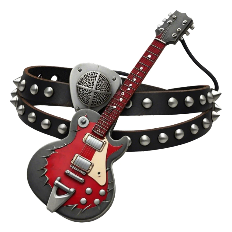 Create a powerful and dynamic humanless emoji representing rock vocals. The design should feature a classic vintage microphone with a rugged, distressed look, surrounded by elements like a guitar pick, electric guitar neck, and sound waves to reflect the raw energy of rock music. Add subtle details such as a spiked bracelet, leather textures, or bold lightning bolts to evoke the rebellious and intense spirit of rock. Use dark, edgy colors like black, red, silver, and metallic accents to emphasize the fierce, loud, and passionate nature of rock vocals. The background should be transparent. sticker