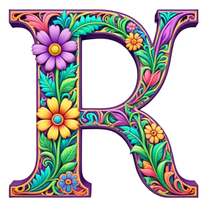 3D, gothic style psychedelic colored capital Letter “J” with hippie style flower border sticker