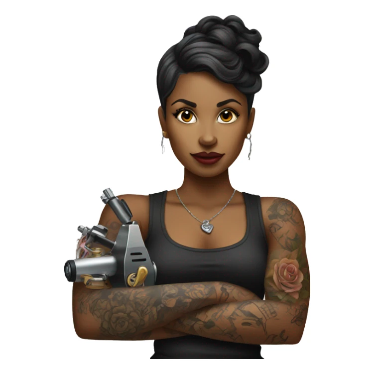 Black female tattoo artist with tattoo holding a tattoo machine sticker