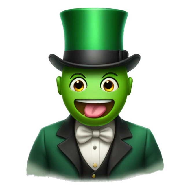 emoji face wearing a green tophat sticking his tounge out sticker