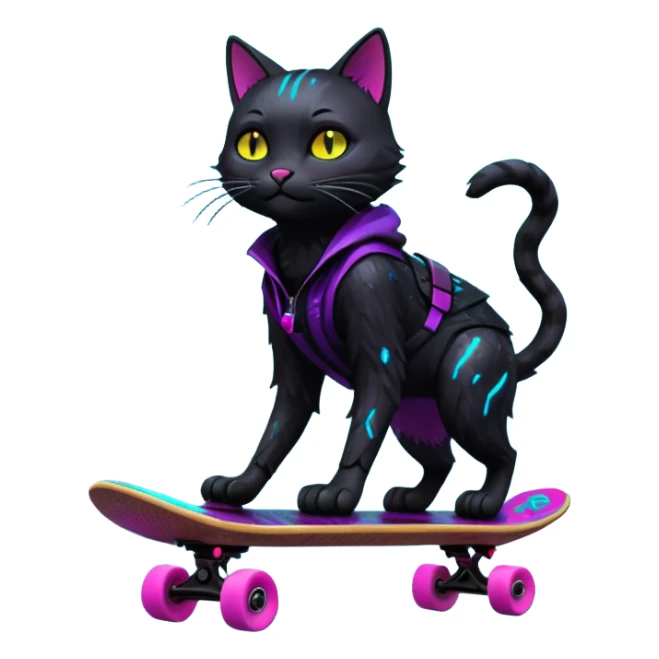 A neon-lit cyberpunk cat riding a floating skateboard through a rain-soaked city alley, cinematic lighting, 8K sticker