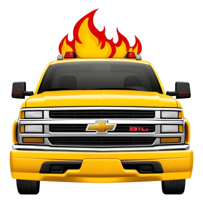 Minimalist yellow 1997 Chevrolet C-2500 Crew Cab Silverado with red flame decals across the hood front, 30-degree view, exact Kill Bill movie design, iOS emoji style sticker