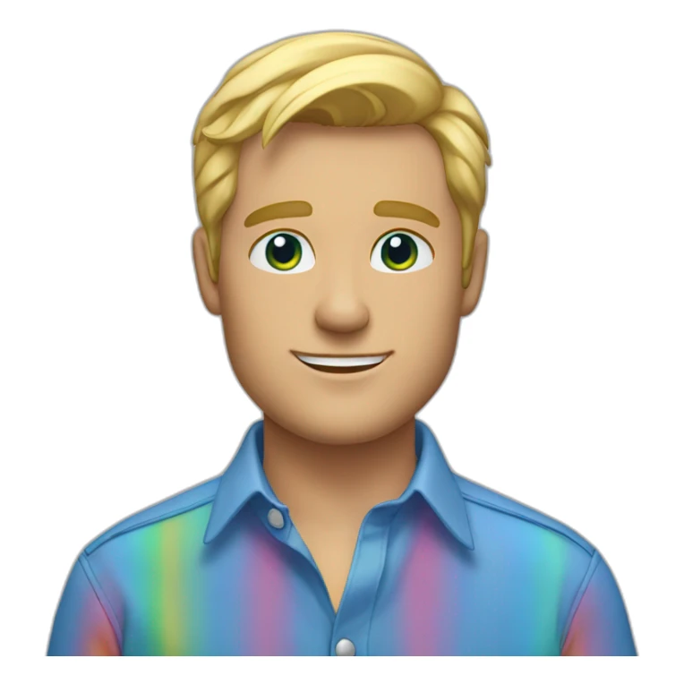 blonde blue eyes man in a blue button up shirt with a rainbow colors sticker