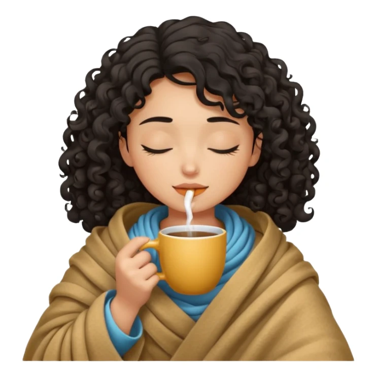 Tan light girl with curly black hair under a blanket sipping coffee eyes closed sticker