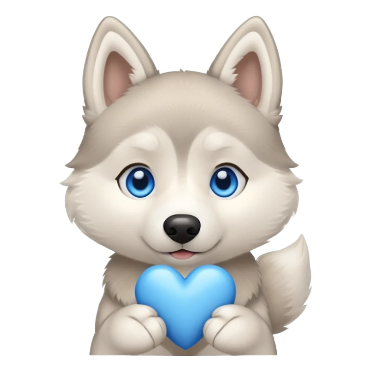 Beige husky with blue eyes holding a blue heart sticker