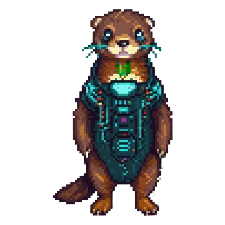 adorable pixel art otter, cyberpunk neural interface, neon colors sticker
