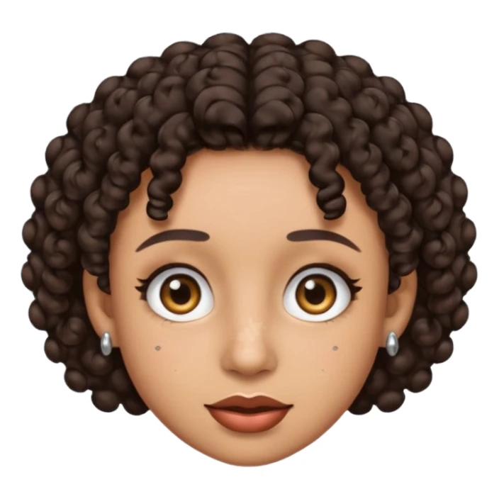 an emoji with a mixed skin color, short dark brown curly hair with 2 silver stud earrings on both ears and 2 slits on each eyebrow sticker